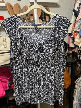 Chaps Navy and White Ruffle Scoop Neck Blouse